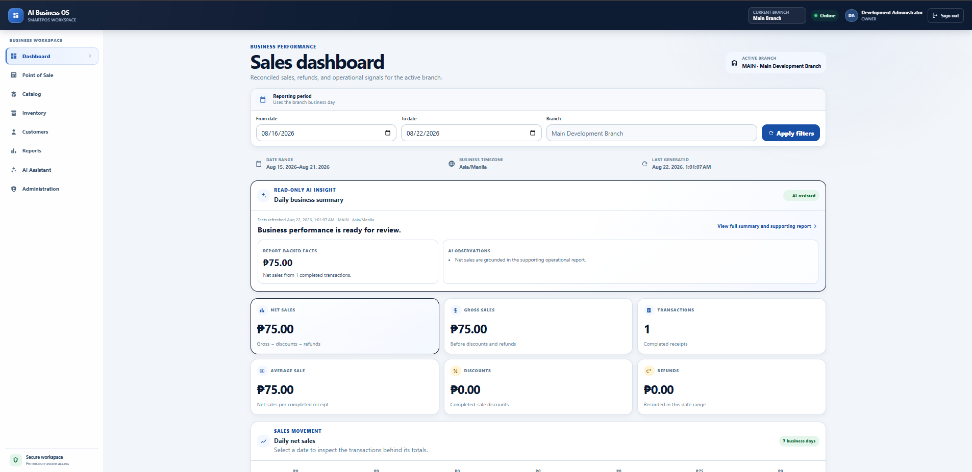 SmartPOS sales dashboard with grounded AI business insights