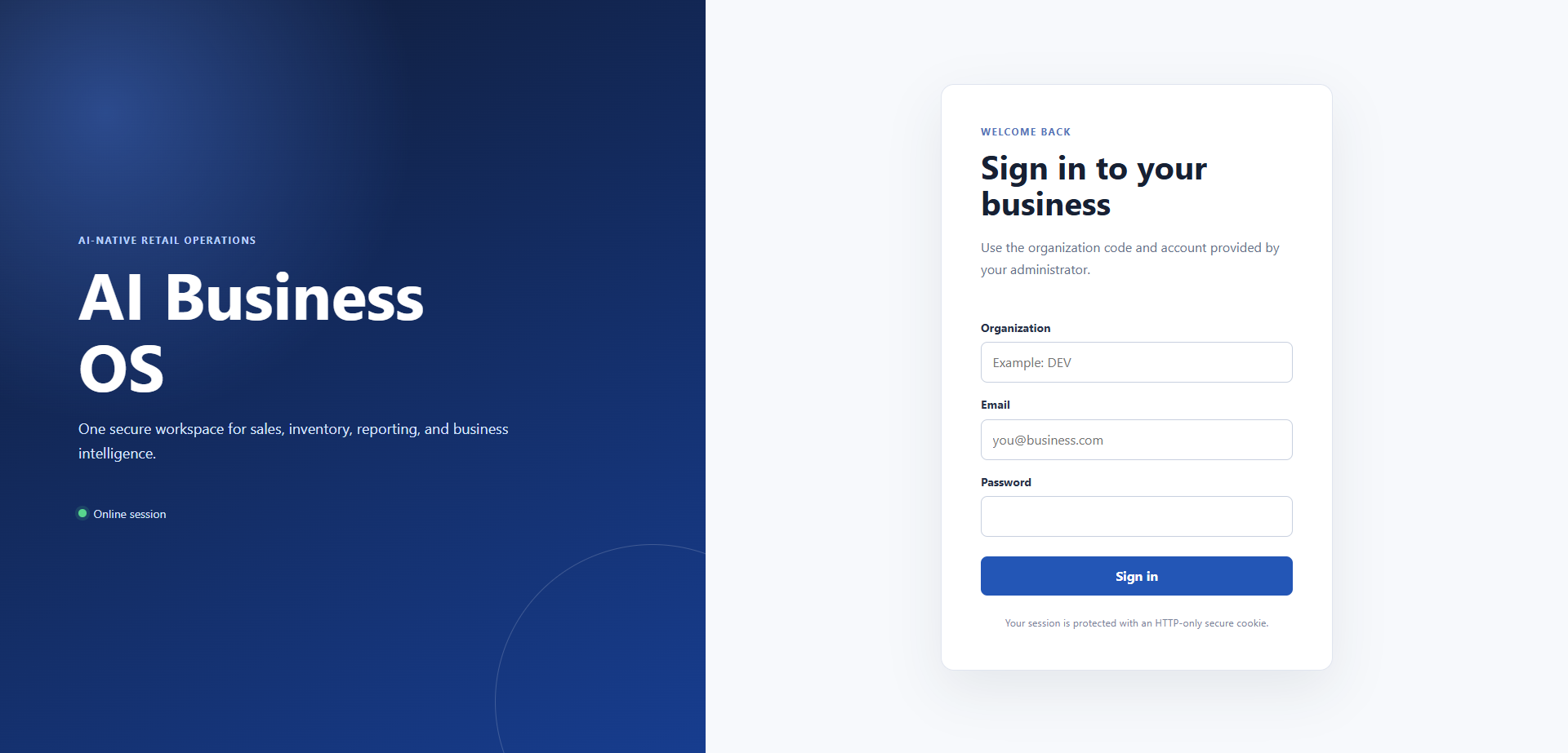 SmartPOS organization and account sign-in screen